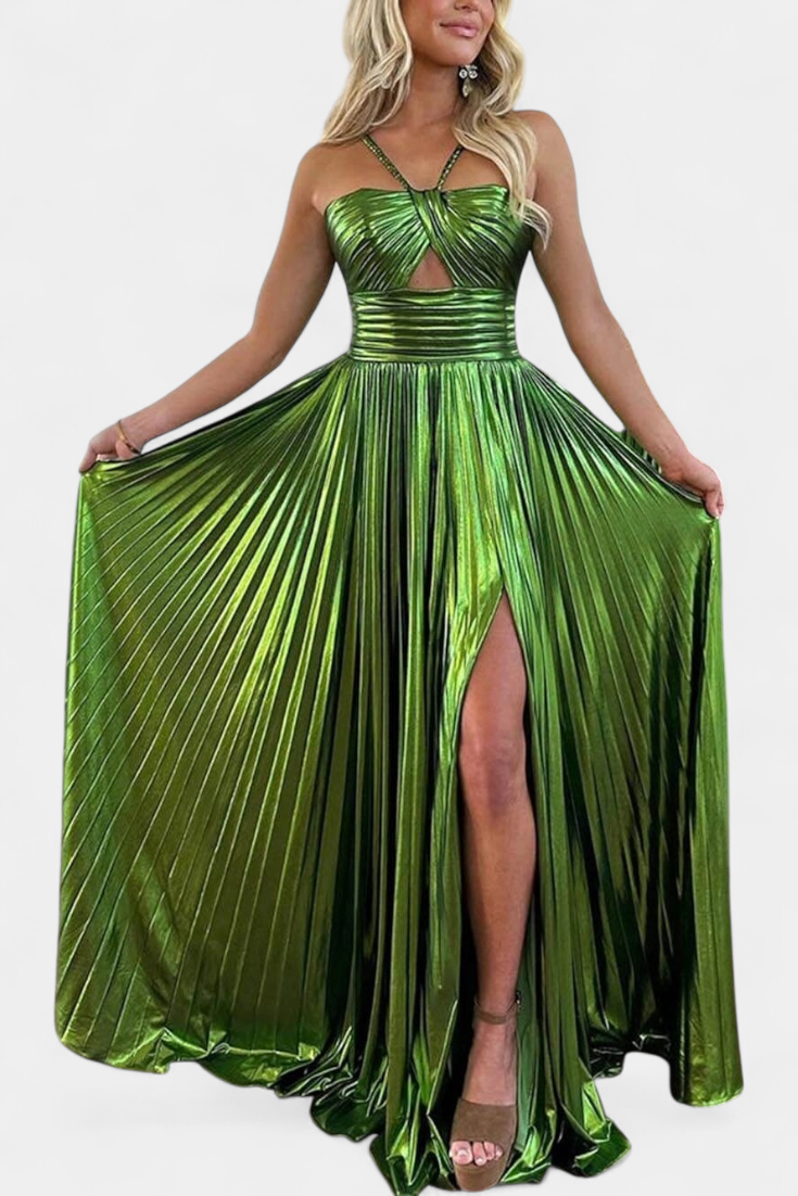 Aikaterini Vestido Maxi Metálico con Cuello Cruzado y Abertura Lateral