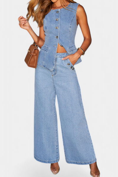 Ludovica Conjunto de Denim: Chaleco Entallado y Jeans de Pierna Ancha