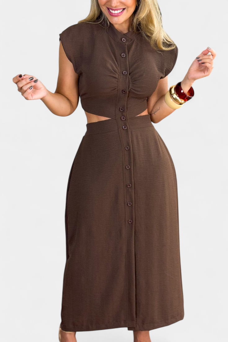 Vestido Midi Griselda con Botones y Cintura Descubierta