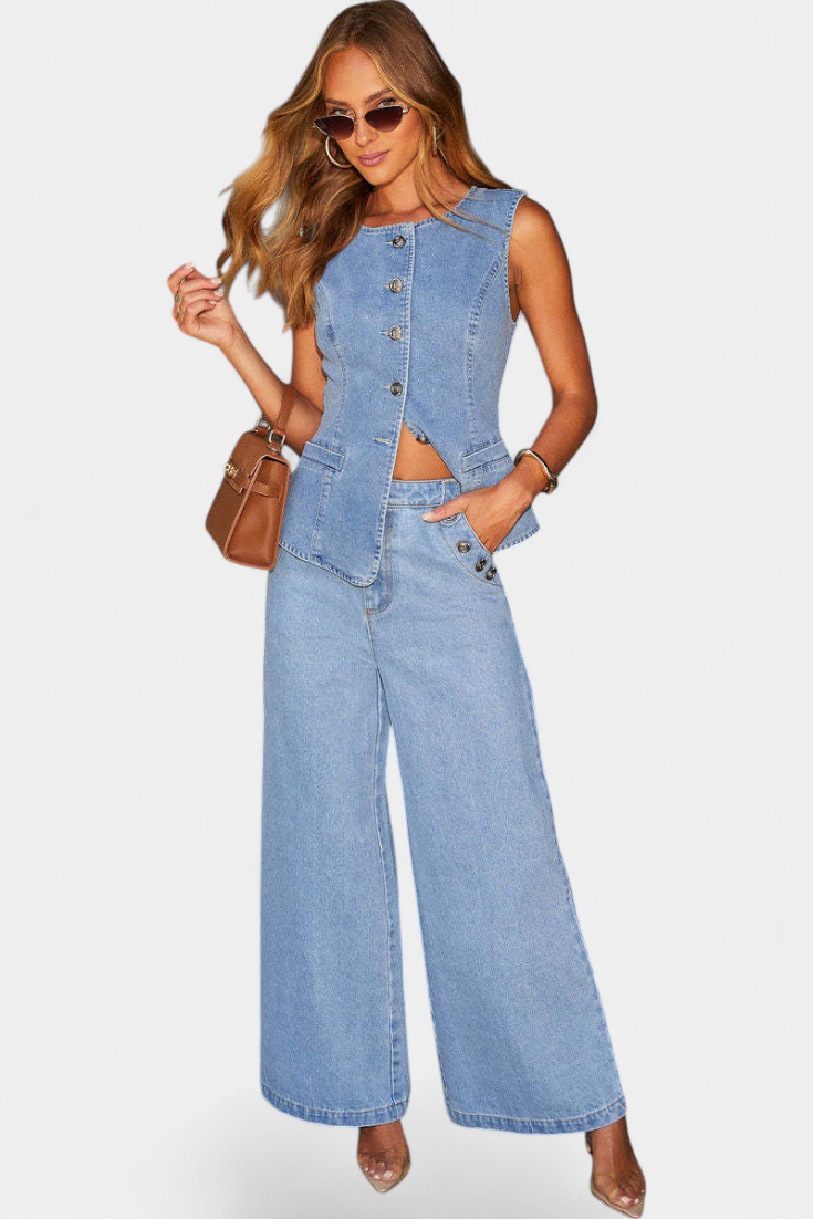 Ludovica Conjunto de Denim: Chaleco Entallado y Jeans de Pierna Ancha