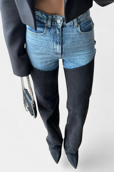Mijie Jeans de Cintura Alta con Detalles de Patchwork y Corte Recto