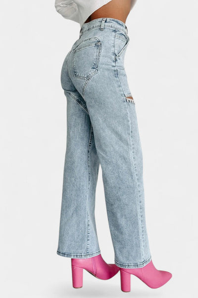 Evian Rhinestone-Embellished Ripped Straight-Leg Jeans