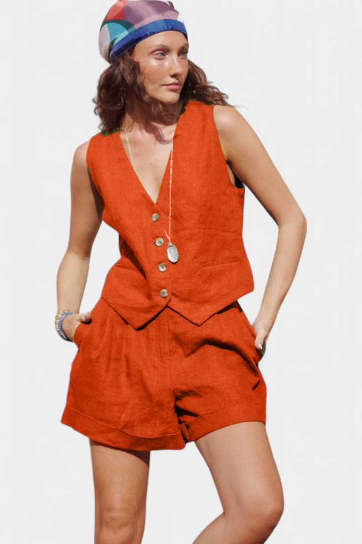 Jennifer Conjunto de Chaleco y Pantalones Cortos de Lino y Algodón