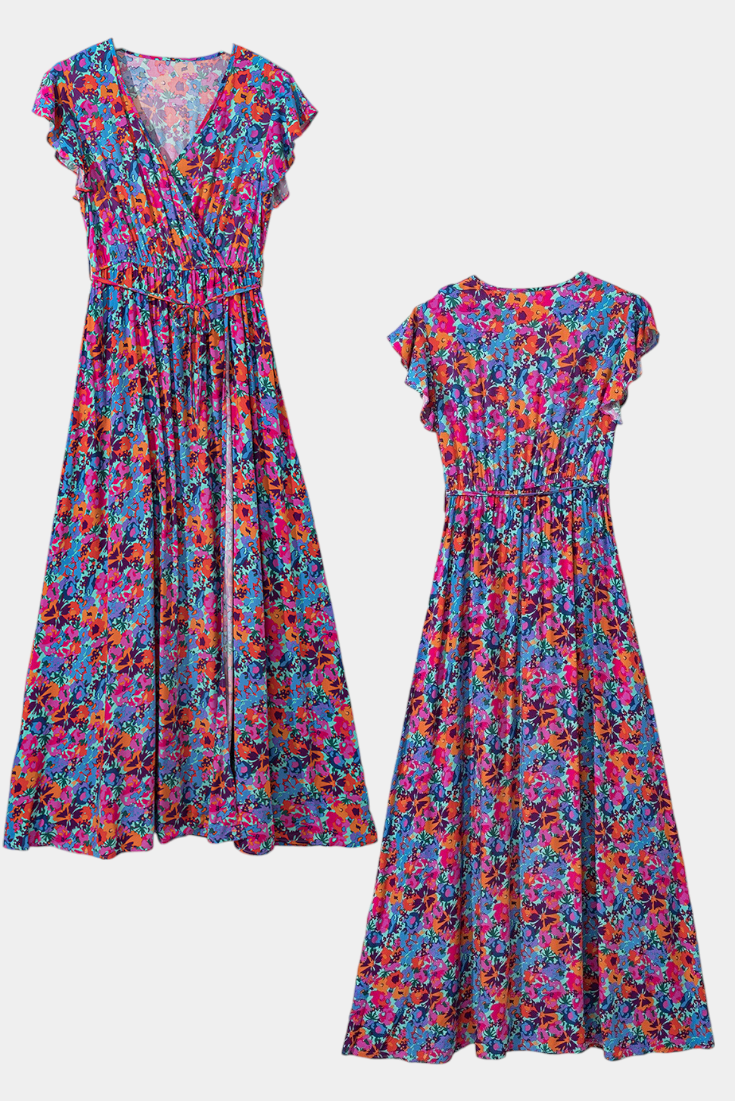 Vestido Largo Cruzado Ximena con Estampado Floral y Abertura Lateral