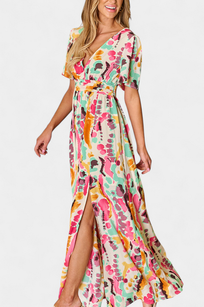 Vestido Boho Yuki con Escote en V y Estampado Tie-Dye