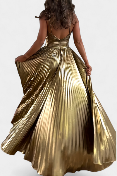 Aikaterini Vestido Maxi Metálico con Cuello Cruzado y Abertura Lateral