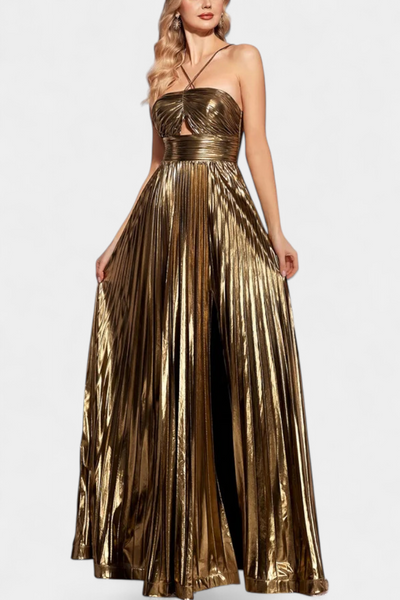 Aikaterini Vestido Maxi Metálico con Cuello Cruzado y Abertura Lateral