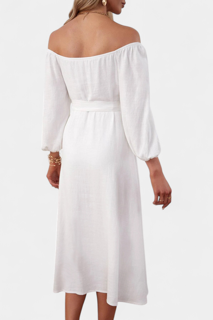 Vestido Leonor de Hombros al Descubierto con Botones y Lazo Frontal