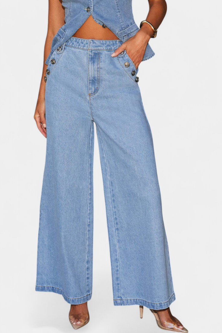Ludovica Conjunto de Denim: Chaleco Entallado y Jeans de Pierna Ancha