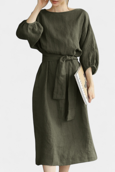 Krisbel Vestido de Lino y Algodón con Cintura Ajustable