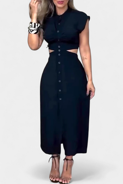 Vestido Midi Griselda con Botones y Cintura Descubierta