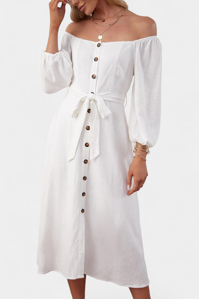 Vestido Leonor de Hombros al Descubierto con Botones y Lazo Frontal