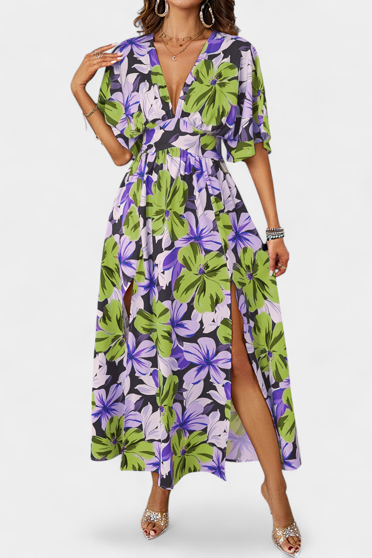 Vestido Largo Julie con Estampado Floral y Escote en V