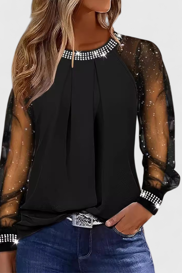 Blusa Elegante con Mangas de Tul y Detalles de Strass