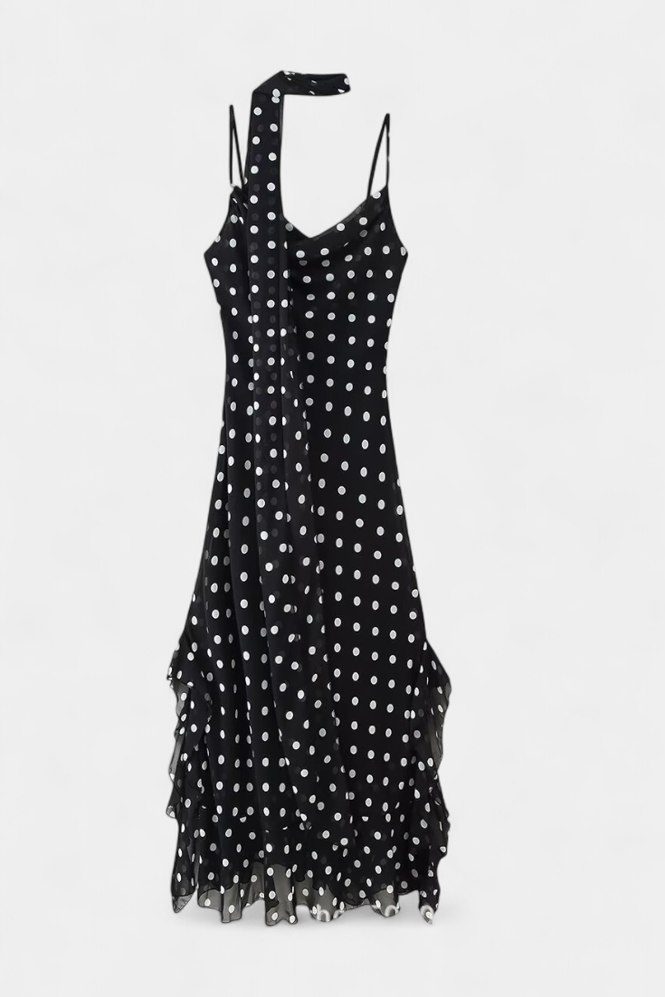 Vestido de Gasa Estefanía con Volantes y Motivo de Lunares en Negro y Crema