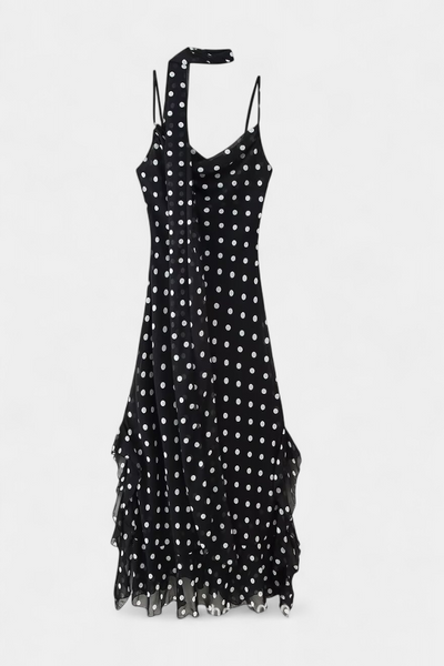 Vestido de Gasa Estefanía con Volantes y Motivo de Lunares en Negro y Crema