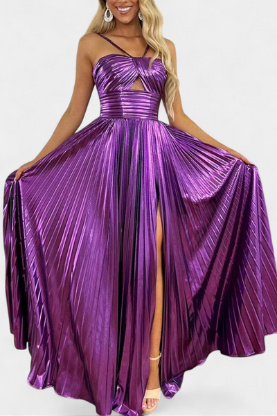 Aikaterini Vestido Maxi Metálico con Cuello Cruzado y Abertura Lateral