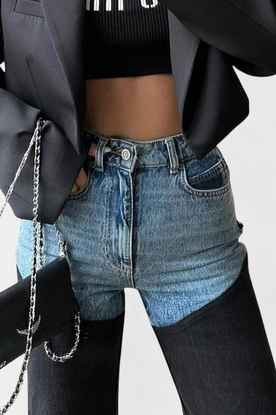 Mijie Jeans de Cintura Alta con Detalles de Patchwork y Corte Recto