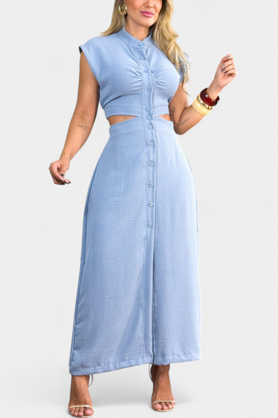 Vestido Midi Griselda con Botones y Cintura Descubierta