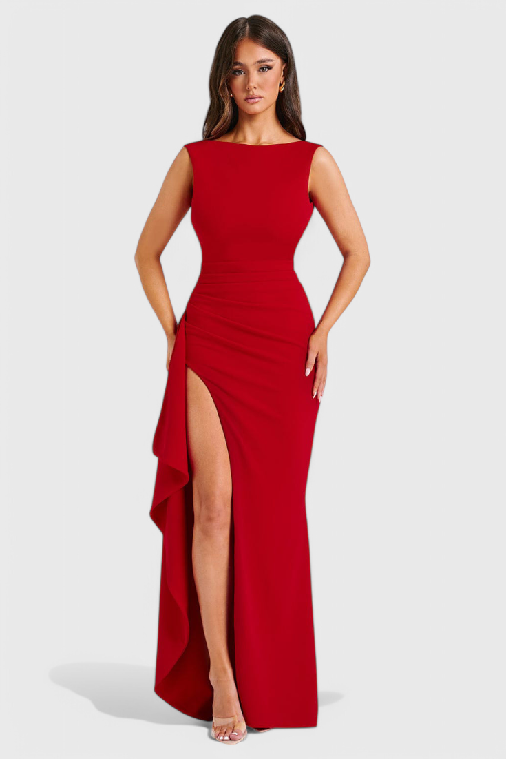 Vestido de Satén Marion con Espalda Abierta y Abertura Lateral