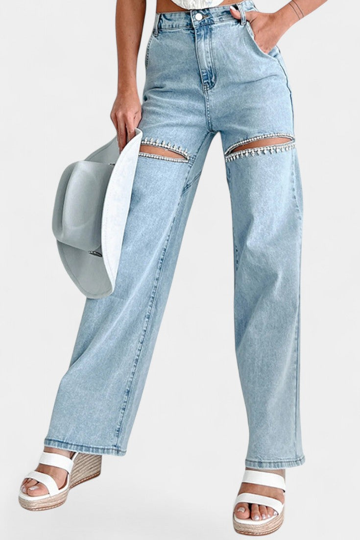 Evian Rhinestone-Embellished Ripped Straight-Leg Jeans