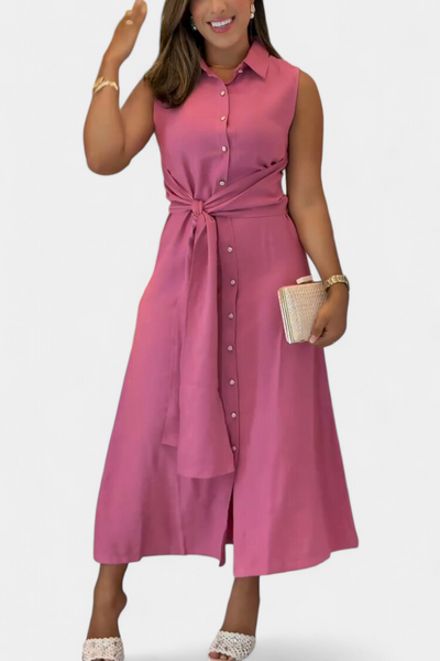 Behnaz Vestido Sin Mangas Elegante con Cinturón y Cuello Camisero