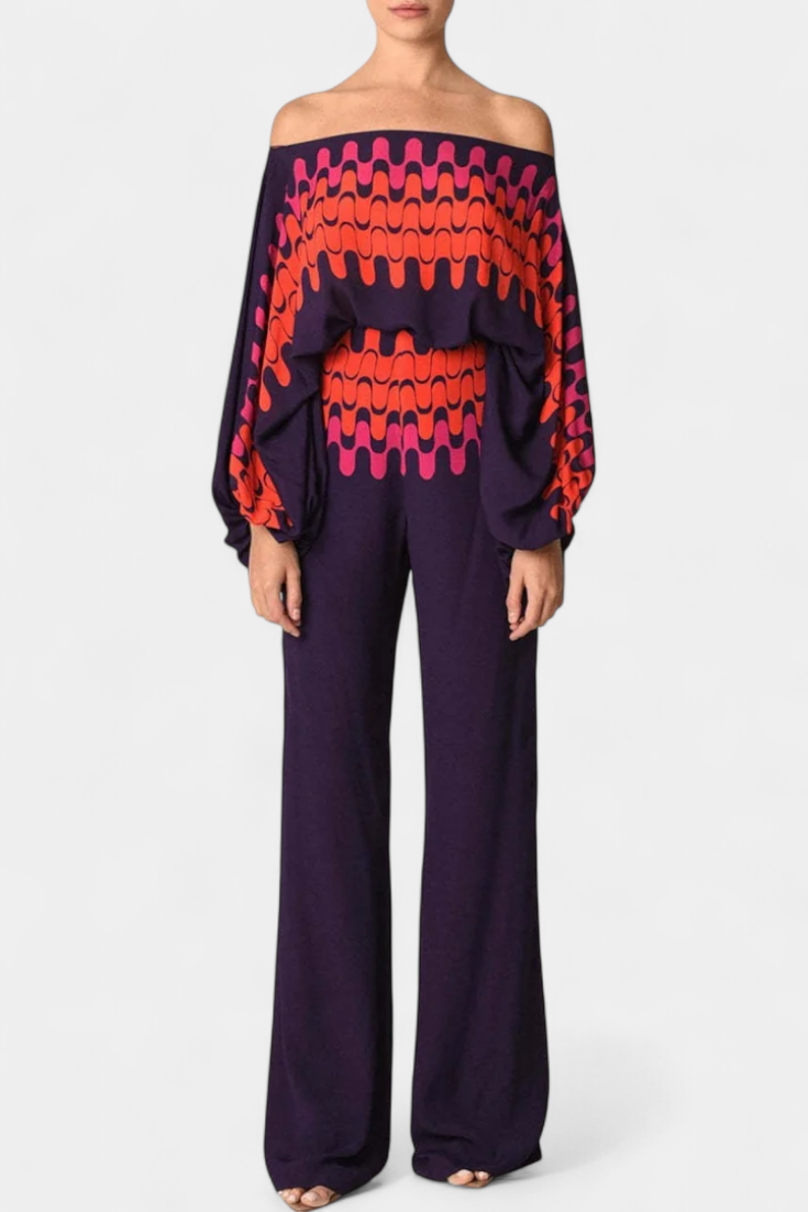 Sybella Conjunto de Dos Piezas con Hombros al Descubierto y Pantalones Amplios Estampados