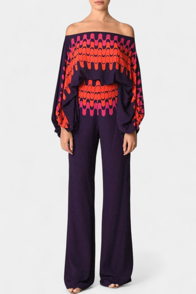 Sybella Conjunto de Dos Piezas con Hombros al Descubierto y Pantalones Amplios Estampados