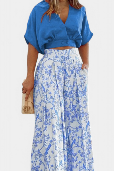 Olivia Conjunto Boho con Cuello en V y Pantalones de Pierna Ancha