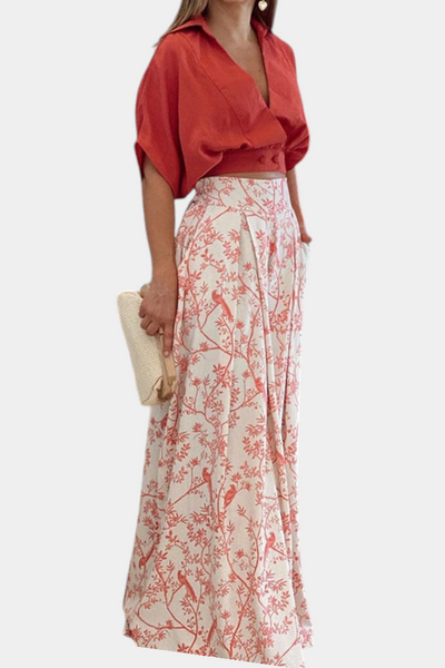Olivia Conjunto Boho con Cuello en V y Pantalones de Pierna Ancha