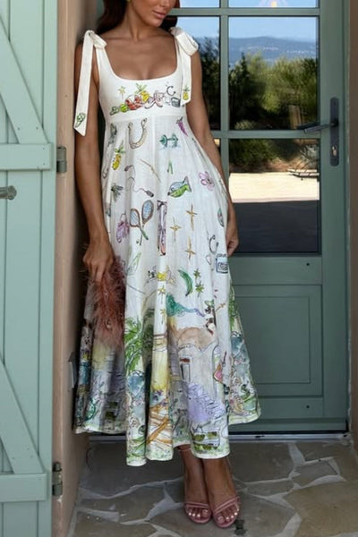 Vestido Largo con Cordones y Estampado Floral de Fantasía