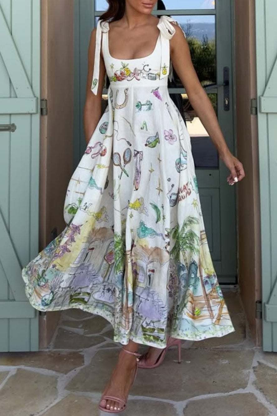 Vestido Largo con Cordones y Estampado Floral de Fantasía