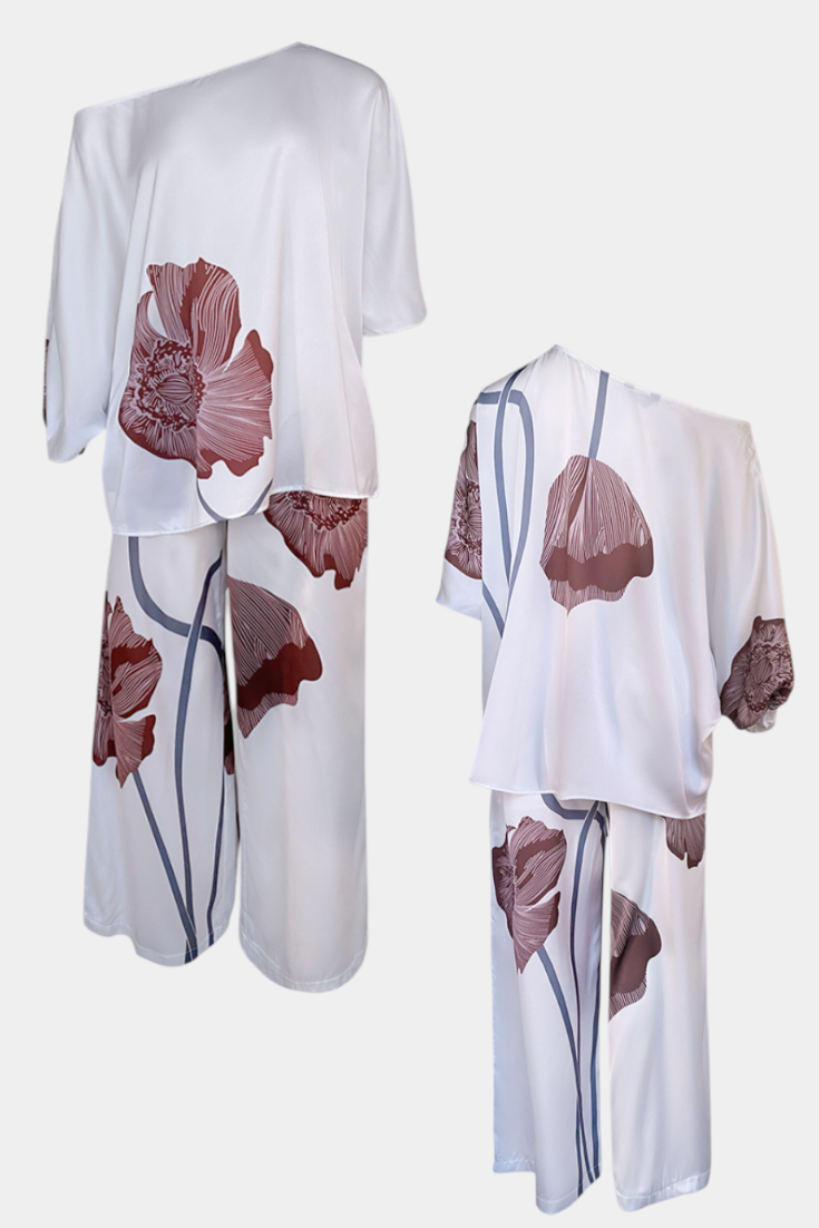 Sybella Conjunto Floral de Dos Piezas con Hombros al Descubierto y Pantalón Recto