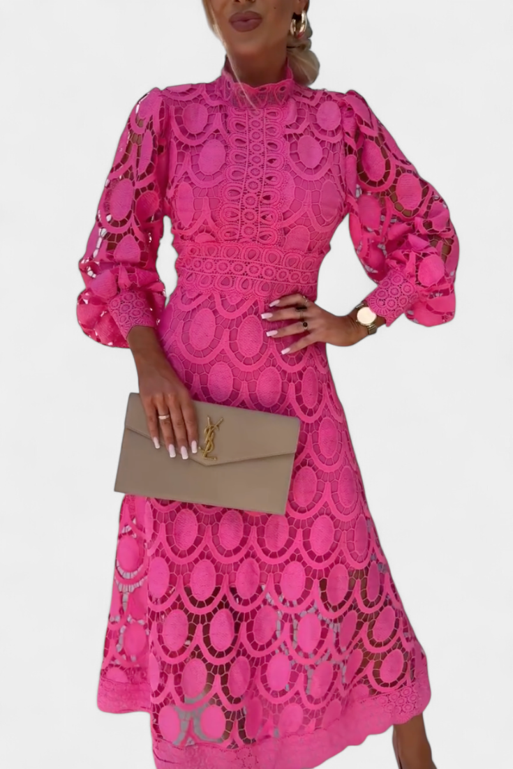 Vestido Midi de Encaje Lucinda con Mangas Abullonadas y Cuello Alto