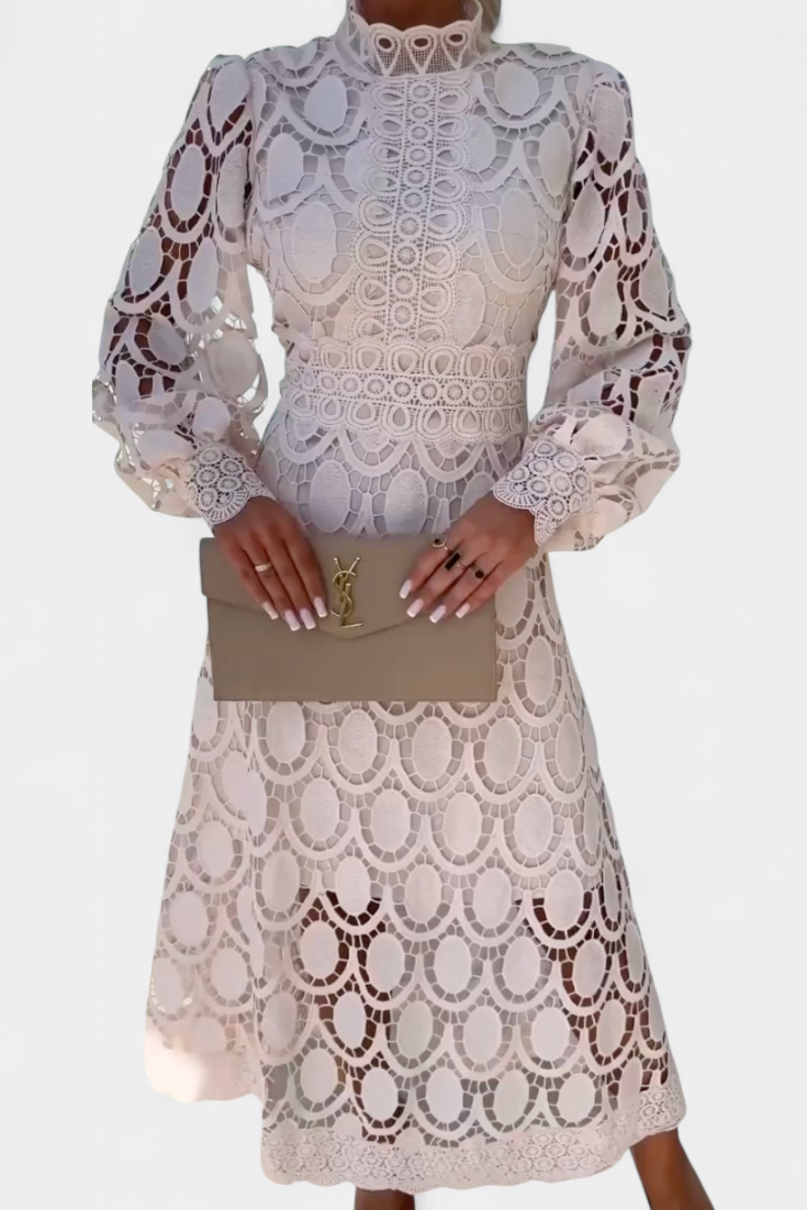 Vestido Midi de Encaje Lucinda con Mangas Abullonadas y Cuello Alto