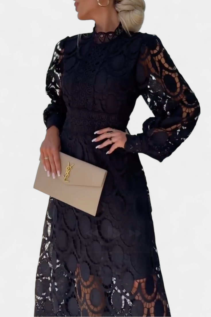 Vestido Midi de Encaje Lucinda con Mangas Abullonadas y Cuello Alto