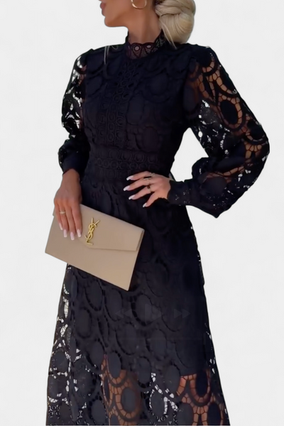 Vestido Midi de Encaje Lucinda con Mangas Abullonadas y Cuello Alto