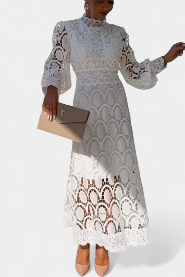 Vestido Midi de Encaje Lucinda con Mangas Abullonadas y Cuello Alto