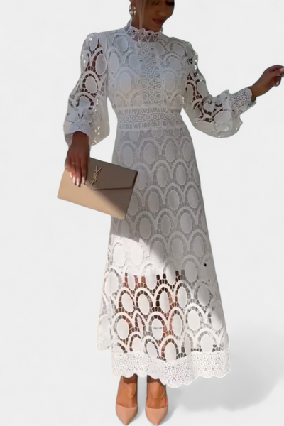 Vestido Midi de Encaje Lucinda con Mangas Abullonadas y Cuello Alto