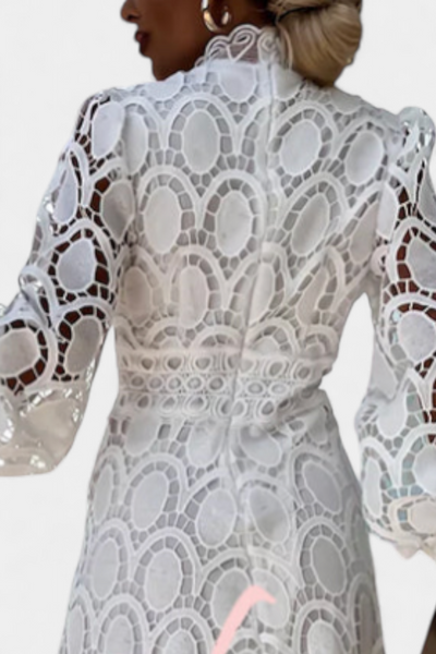 Vestido Midi de Encaje Lucinda con Mangas Abullonadas y Cuello Alto