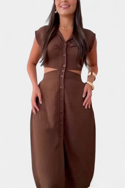 Vestido Midi Griselda con Botones y Cintura Descubierta