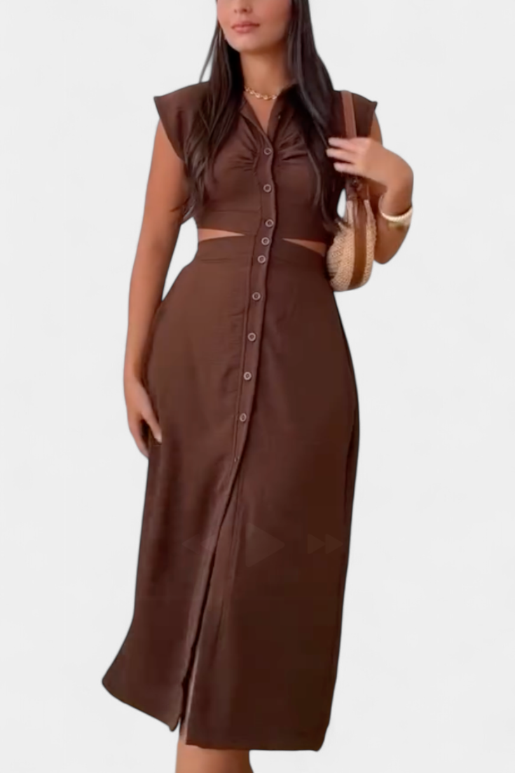 Vestido Midi Griselda con Botones y Cintura Descubierta