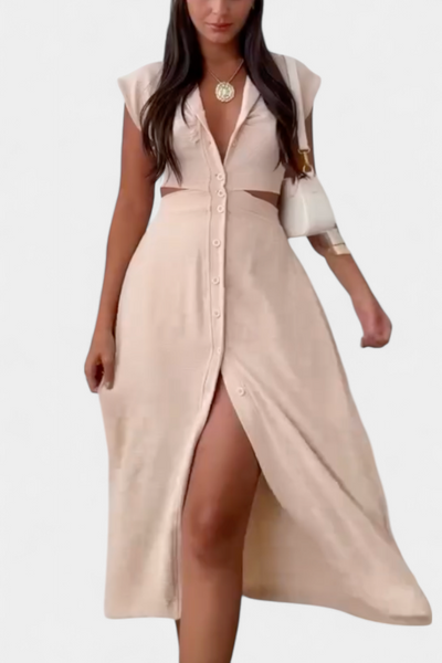 Vestido Midi Griselda con Botones y Cintura Descubierta