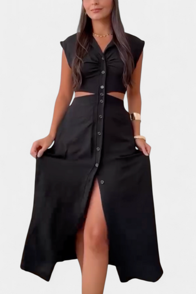 Vestido Midi Griselda con Botones y Cintura Descubierta