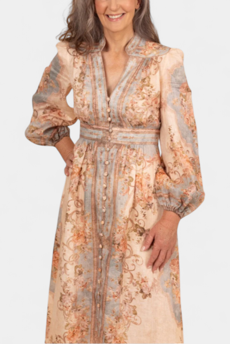 Dorotila Vestido Maxi Acampanado con Estampado Floral, Botones y Mangas Abullonadas