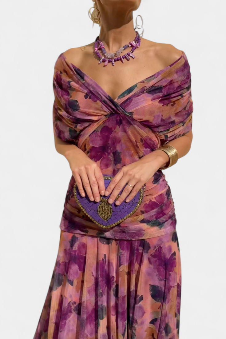 Vestido Largo Alondra con Estampado Floral y Escote en V