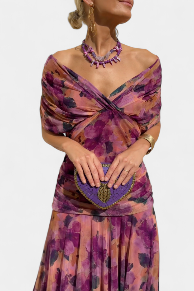 Vestido Largo Alondra con Estampado Floral y Escote en V