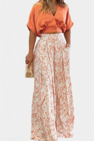 Olivia Conjunto Boho con Cuello en V y Pantalones de Pierna Ancha
