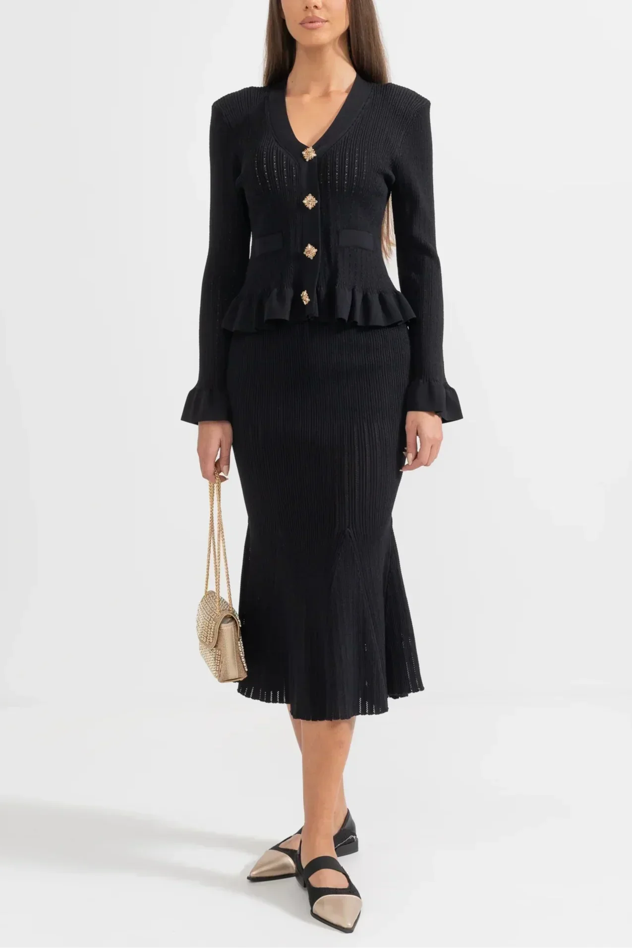 Prudence Conjunto de Vestido Midi de Punto Elegante con Top de Botones
