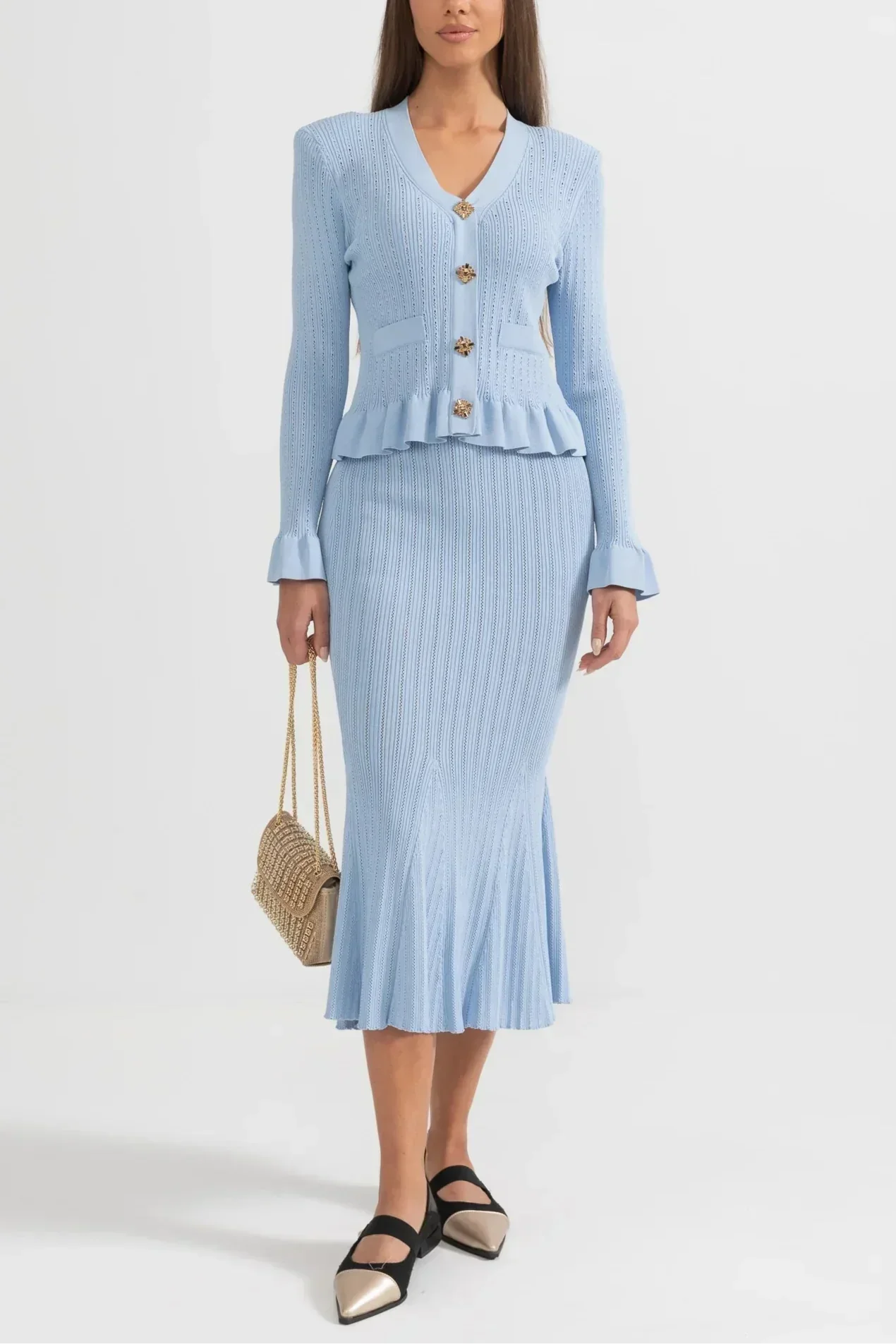 Prudence Conjunto de Vestido Midi de Punto Elegante con Top de Botones